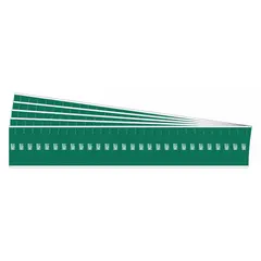 Green background pipe markers with white 'Hot' legend, designed for pipes with an outside diameter of 3/4 inch and smaller. Each pack contains 28 markers without arrows, applied using hot adhesive for secure attachment. Used to identify hot piping systems in industrial facilities, aiding in safety and maintenance.