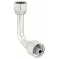 Steel 90° elbow crimp hydraulic hose fitting with JIC female swivel connection and crimp end for permanent hose attachment. Designed for hose dash size -16, with 1-5/16"-12 thread. Used in fluid power systems for connecting hoses to ports in hydraulic circuits.