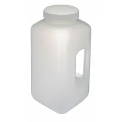 This 4 L (1.05 gal) polypropylene rectangular lab bottle is natural translucent for visual level checks. It features a square shape and an attached cap. Commonly used for collecting, storing, and transporting liquid samples in laboratory and industrial environments.