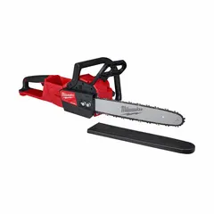 This MILWAUKEE battery-powered chainsaw features a rear handle design and automatic chain oiler for efficient operation. Powered by an 18V battery system with a 40cc equivalent rating, it is suited for tree trimming, limbing, and light-to-medium cutting tasks in landscaping and property maintenance.