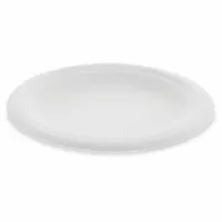 Round, patternless appetizer plate made of uncoated/unlined fiber. Measures 6 inches in diameter with a single compartment. Not microwave safe. Suitable for serving dry or light foods at catered events, parties, or food-service operations. Sold in a 1000-pack case