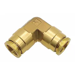 This brass push-to-connect elbow fitting connects two 5/8 in OD tubes without tools, providing a leak-free joint. Suitable for air brake systems and pneumatic circuits in heavy-duty trucking, industrial machinery, and compressed air lines.
