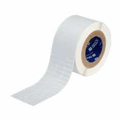 Precut label roll measuring 3/8 in x 1 in, made of metalized polyester with halogen-free and metal-detectable properties. Designed for use with the BBP11 printer series. Suitable for industrial labeling applications requiring traceability and compliance in environments where metal detection or halogen-free materials are specified.