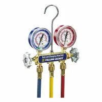 This YELLOW JACKET manifold gauge set is constructed with brass and has a 2 1/2 in outside diameter. It is used for measuring pressure and facilitating charging, evacuation, and recovery of refrigerant in HVAC and refrigeration systems