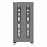 This charging cabinet provides secure storage and organized charging for devices such as tablets, laptops, or power tools. It features a keyed lock, ventilated design, and built-in power outlets. The cabinet is assembled and includes shelves. Typical applications include schools, warehouses, and industrial facilities