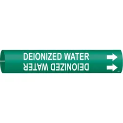 Snap-on pipe marker for identifying deionized water lines. Green background with white legend text and directional arrows. Fits pipe outer diameters of 4 to 6 inches. Suitable for labeling pipe contents in industrial, laboratory, and process systems.