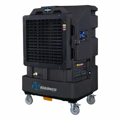 This portable evaporative cooler operates on 110V AC with a 5-15P plug and delivers 10,594 cfm of airflow. It is suitable for cooling large areas such as warehouses, factories, and outdoor event spaces.