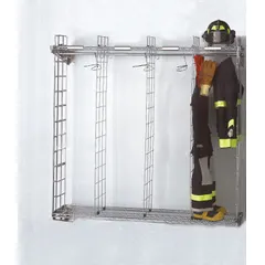 Wall-mount turnout gear rack with 10 compartments on one side, constructed from zinc chromate with a chrome finish. Designed for organized storage and ventilation of firefighter turnout gear in fire stations and emergency service facilities.