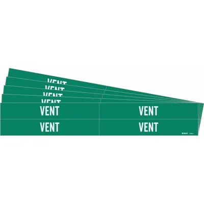 BRADY Pipe Marker: Vent, Green, White, Fits 3/4 to 2 3/8 in Pipe O.D., 4 Pipe Markers - Vent Adhesive Pipe Markers