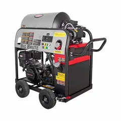 Cart-mounted hot water pressure washer delivering 4,000 psi at 4 gpm. Powered by a 420 cc diesel engine with CRX technology. Suitable for removing grease, oil, and grime from equipment and surfaces in industrial cleaning applications.