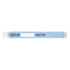 Blue Tyvek wristband for temporary visitor identification and access control. Measures 10 inches in length and 1 inch in width. Supplied in a 500-count pack. Suitable for use at events, offices, and other facilities requiring single-use, tamper-evident identification.
