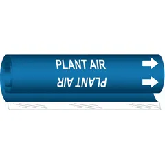 Blue wrap-around pipe marker with white 'Plant Air' legend and directional arrows. Fits pipe outer diameters from 1-1/2 to 2-3/8 inches. Used to identify compressed air lines in industrial piping systems.