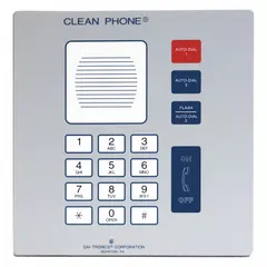 Indoor VoIP speakerphone with chemical-resistant stainless steel enclosure. Flush-mount wall installation with 10/100 Base-TX Ethernet. Features password-protected programming and embedded web pages for browser-based access. Suitable for cleanroom environments requiring hygiene and durability.