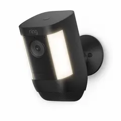 Wireless outdoor security camera with 1080p resolution and two 3000° Kelvin spotlights. Operates on 2.4 GHz and 5 GHz frequencies via 802.11 b/g/n network interface. Suitable for monitoring residential or commercial exteriors such as entry points, driveways, and yards.
