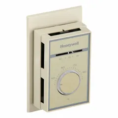 Analog line-voltage thermostat for heat or cool applications. Features an exposed dial control, auto system setting, and SPDT switch action (open/close on rise). Operates on 120 to 277V AC with a temperature control range of 44° to 86°F. Suitable for baseboard heaters, fan-coil units, or similar HVAC equipment requiring line-voltage control.