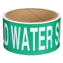 Green adhesive pipe marker with white legend reading 'Cold Water Supply' and directional arrows. Fits pipe outer diameters from 2-1/2 to 6 inches. Supplied on a roll of 25 markers for identifying cold water supply lines in piping systems.