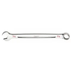 This SAE 12-point combination wrench features a 7/16 in head size and 6 1/2 in overall length. The chrome finish provides corrosion resistance. Suitable for tightening or loosening fasteners in automotive repair, machinery maintenance, and general assembly tasks.