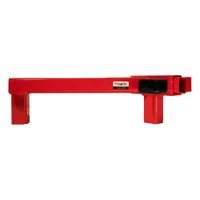 This steel vehicle wheel boot lock in red is designed to secure cushion-tire forklifts and similar industrial vehicles, preventing unauthorized movement or theft. It includes two keys and is suitable for use in warehouses, construction sites, and fleet management