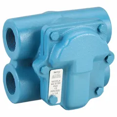 Cast iron H-pattern float and thermostatic steam trap with 1-1/4 in FNPT connections. Rated for 2400 lb/hr maximum capacity at 75 psi and 450°F. Stainless steel float. Designed for horizontal installation in steam systems to automatically drain condensate while preventing steam loss.