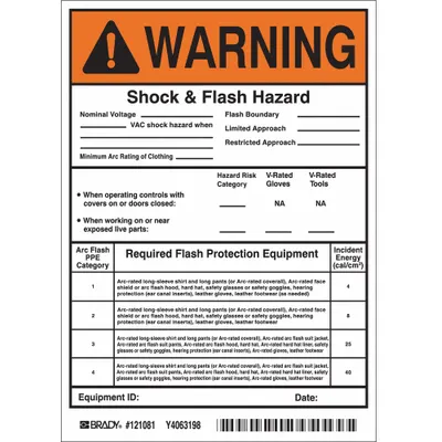 BRADY Permanent Adhesive Label: Vinyl, Adhesive Sign Mounting, 7 in x 5 in Nominal Sign Size - Warning: Shock & Flash Hazard Nominal Voltage ___ Vac Shock Hazard When _____ Signs