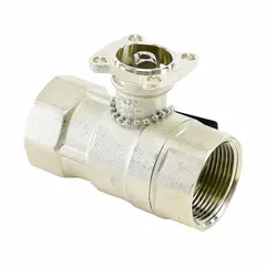 2-way characterized control valve body with 1 1/4 in Female NPT connections. Features a stainless steel ball and brass body, rated for 37 CV flow and 200 psi close-off. Designed for modulating water flow in HVAC systems. Supplied without actuator.