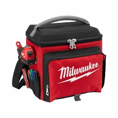 This soft-sided lunch-box cooler from MILWAUKEE has a 21.65 qt capacity and measures 11 inches in overall length. The red exterior provides visibility on job sites. Suitable for keeping food and beverages cool during work or travel.