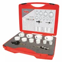 This 12-piece hole saw kit features high-speed steel construction with 7 teeth per inch and a maximum cutting depth of 38 mm. Designed for cutting through wood, metal, and plastic, it is suitable for applications in plumbing, electrical, and HVAC installations where clean, precise holes are required