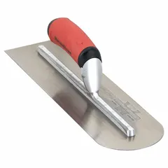 This finishing trowel features a round blade shape with a 4-inch width, suited for smoothing and compacting concrete surfaces during final finishing stages. The rounded front and curved blade profile enable controlled application on flatwork such as slabs and sidewalks.