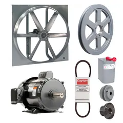 This belt-drive reversible panel fan is designed for industrial ventilation, providing exhaust or supply air movement in large spaces such as factories, warehouses, and commercial buildings. It features a 48-inch blade driven by a 2 hp totally enclosed fan-cooled motor, operating on 115/230V AC single-phase power. The reversible design allows switching between intake and exhaust modes. The unit is supplied unassembled with a drive package.