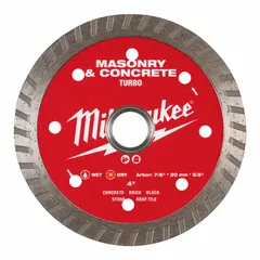 This 4-inch diamond saw blade is designed for cutting masonry materials such as concrete, brick, block, and stone. It features a 5/8-inch to 7/8-inch arbor size and is suitable for both wet and dry cutting applications with a masonry saw.