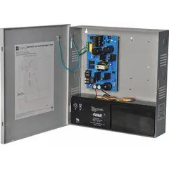The ALTRONIX SMP7PMCTX is a supervised power supply board housed in a steel enclosure. It accepts 115V AC input and provides a selectable 12VDC or 24VDC output at 6A. This unit is suitable for power distribution in access control, security, and industrial control systems.