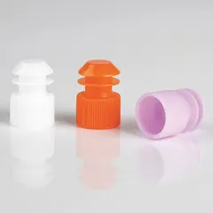 This 16 mm diameter flange plug cap is made of colored polyethylene in purple. It is unlined and non-vented, with no septa included. Suitable for general-purpose sealing of laboratory tubes and containers.