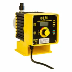 This compact solenoid-driven diaphragm metering pump features a PVC head, PTFE diaphragm, ceramic check balls, Polyprel seals, and PVC fittings. It operates on 115V AC with a maximum flow rate of 60 gpd and reproducibility of ±1.0%. Suitable for precise chemical injection in water treatment, industrial processing, and chemical dosing applications.