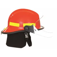 FIRE-DEX fire helmet with a red fiberglass shell, modern rear brim design, and integrated chin strap. Features a 6-point ratchet suspension system for secure fit adjustment. Suitable for structural firefighting and rescue operations requiring head protection.