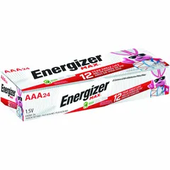 AAA alkaline battery delivering 1.5V DC, part of the Max series. Suitable for powering remote controls, flashlights, toys, and wireless peripherals. 24-pack configuration.