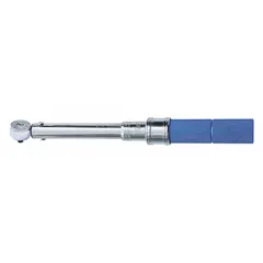 This ratcheting micrometer torque wrench has a 3/8 in square drive and a torque range of 40 in-lb to 200 in-lb. It is used for tightening fasteners to specified torque values in mechanical assembly and maintenance tasks. The micrometer scale allows precise setting of torque, and the ratcheting head facilitates use in confined spaces.