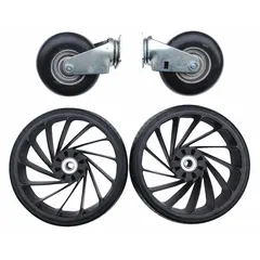 This black caster set is designed for utility carts, providing a total load capacity of 400 lb. It is intended for replacement or upgrade of casters on compatible carts, enabling smooth movement in material handling applications.
