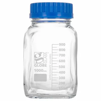 GLOBE SCIENTIFIC Media Bottle: 1 L, Screw-On, GL80, 180 mm, Colorless, Closure Included - Glass Lab Media Bottles