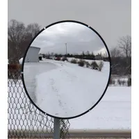 This 36-inch diameter round convex mirror is constructed from acrylic/plastic with a rubber rim and standard border. It includes a pivot mount with base plate and mounting bracket for outdoor installation. Typical applications include eliminating blind spots in parking lots, driveways, loading docks, and warehouse aisles