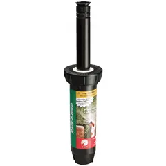 Pop-up spray head with quarter-circle pattern for watering shrubs and garden beds. Delivers flow rate of 0.65 to 0.93 gpm and throw radius of 19 to 32 ft, operating at 25 to 55 psi. Suitable for corners or narrow planting areas.