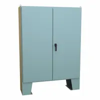 This NEMA 12 steel enclosure measures 72 x 60 x 17 inches and features a solid hinged cover with a handle closure. It includes a panel and has no knockouts. Typical applications include housing electrical controls, instruments, and components in industrial environments where protection from dust, dirt, and dripping non-corrosive liquids is required