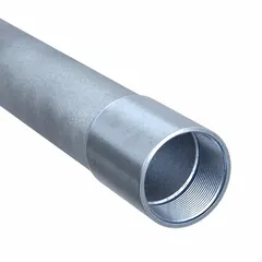 This 4-inch trade size, 10-foot length steel IMC conduit features a galvanized finish and standard-threaded ends. It meets ANSI standards and is used for protecting electrical wiring in industrial and commercial conduit runs.
