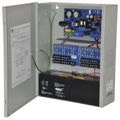 The ALTRONIX AL600ULXPD16 is a power supply board housed in a steel enclosure. It operates on 115V AC input and provides selectable 12VDC or 24VDC output at 6A. The unit includes 16 fuses for individual circuit protection, suitable for distributing low-voltage power in security, access control, and fire alarm systems.