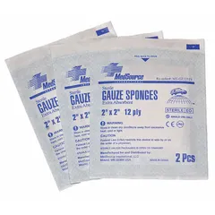 Sterile, latex-free gauze sponge with 2-inch dressing width and length. White, non-self-adhering, and not water resistant. Packaged unitized in a box of 1,500. Suitable for wound cleaning, absorbing exudate, and dressing minor cuts or abrasions in first aid and clinical settings.