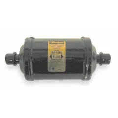 Bi-flow steel shell filter drier for 8-ton systems. Contains a molecular sieve core for moisture and contaminant removal. Compatible with HC refrigerant groups. Length: 6 inches.