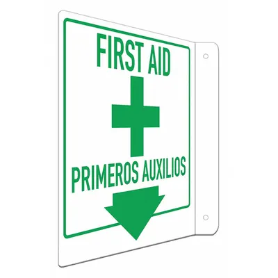 LYLE Safety Sign: Aluminum, Mounting Holes Sign Mounting, 12 in x 8 in Nominal Sign Size - L-Shape Projection First Aid/Primeros Auxilios Signs