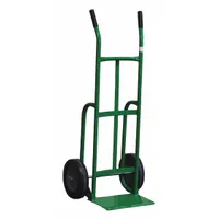 This general purpose hand truck from SAFTCART features a steel frame with a green finish and a dual-handle design. It is equipped with semipneumatic tires for mobility and shock absorption. Suitable for moving boxes, equipment, and other loads up to 400 lb in warehouses, factories, and delivery settings