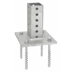 Steel surface mount anchor for securing 1-3/4 in x 1-3/4 in square sign posts to concrete. 6 in length with four anchor holes. No breakaway feature. Used for permanent installation of traffic signs, parking lot markers, and industrial wayfinding signs.