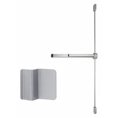 This surface vertical rod push bar is constructed of aluminum and includes a touchbar and dummy pull. Designed for doors up to 4 ft wide, it is used in commercial and industrial facilities to provide push-pad egress operation.