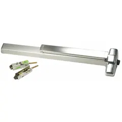 Concealed vertical rod exit device with touchbar style, chrome finish. Designed for commercial doors up to 4 ft wide, providing push-to-open emergency egress. The concealed rod mechanism maintains a clean door appearance.